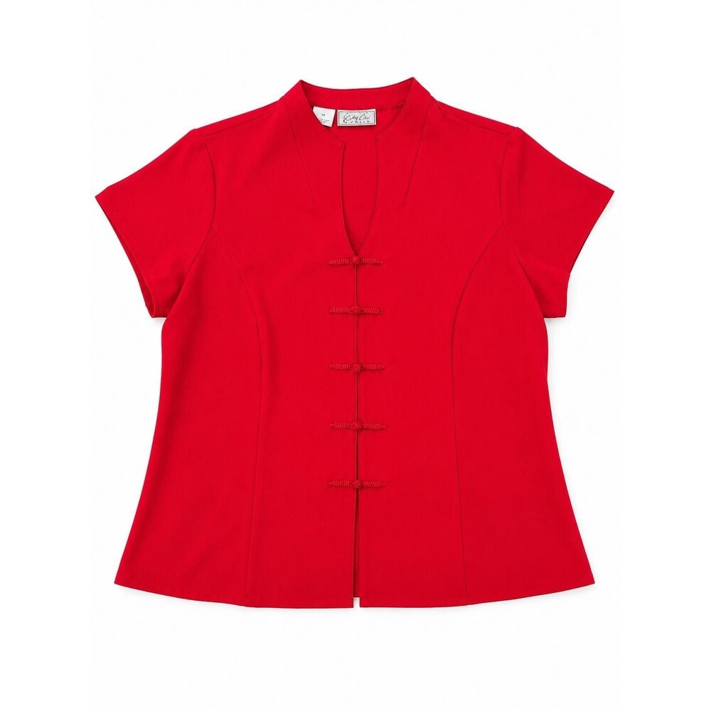 Vintage Kathy Che Stretch Red Blouse Womens Size 14 Mandarin Frog Closure Top